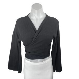 Storets Women's Black Long Bell Sleeves Tie Cropped V Neck Wrap Blouse Top Sz S